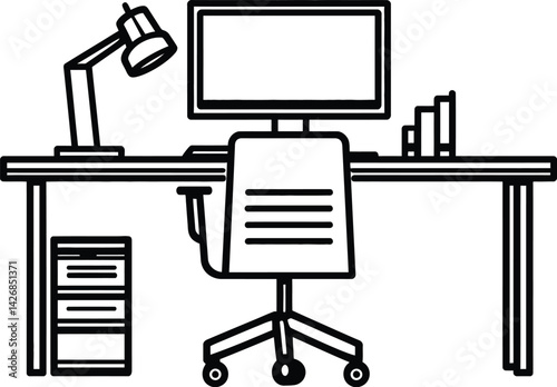 Minimalist Workspace Setup with Computer, Lamp, and Plants | Simple Home Office Desk Arrangement | Vector Illustration