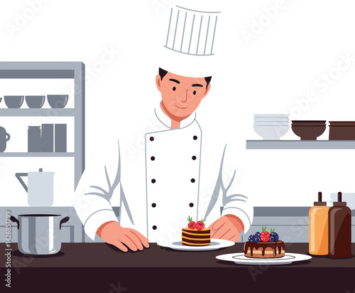 Chef preparing gourmet desserts in professional kitchen with fresh berries and sauces 