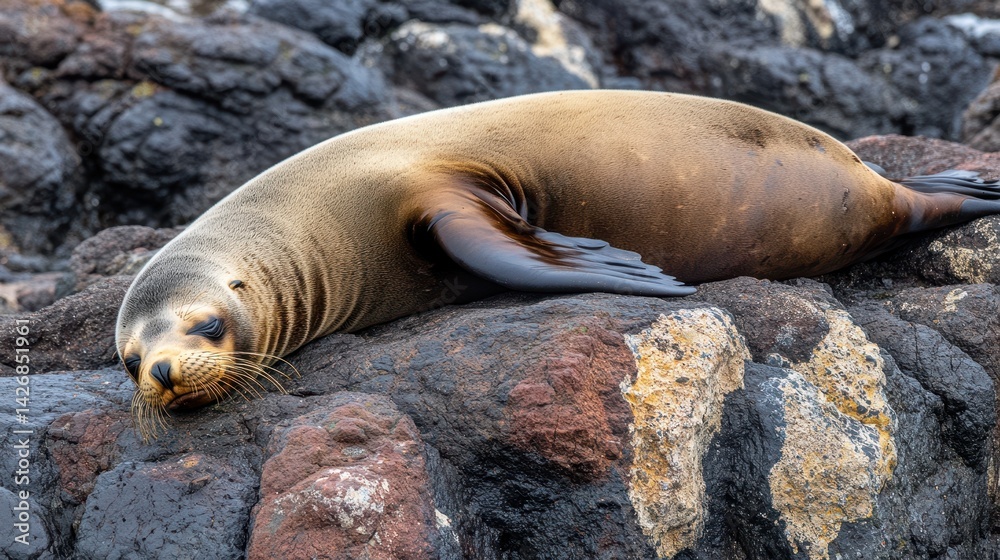 A realistic photo of a sea lion lounging on a rugged rocky beach. A realistic photo of a sea lion lounging on a rugged rocky beach.