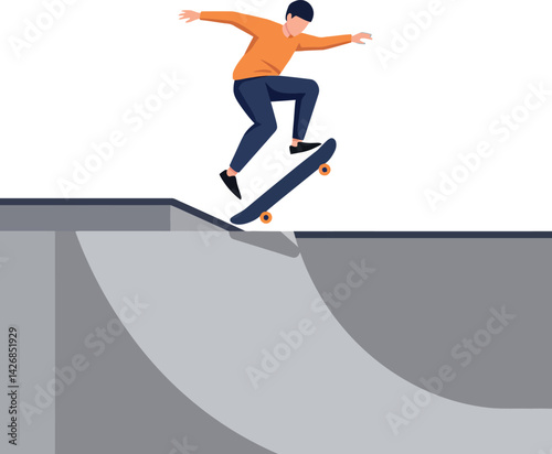 Skateboarder Performing Trick on Gray Skate Park Ramp in Urban Setting Vector Illustration 