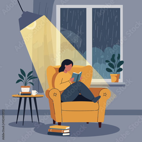 Woman reading book on yellow armchair in cozy rainy room with indoor plants and warm lighting 