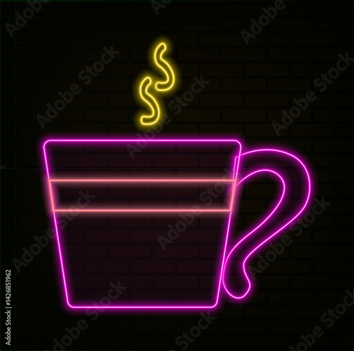 ceramic cup of hot tea or coffee drink. neon style.