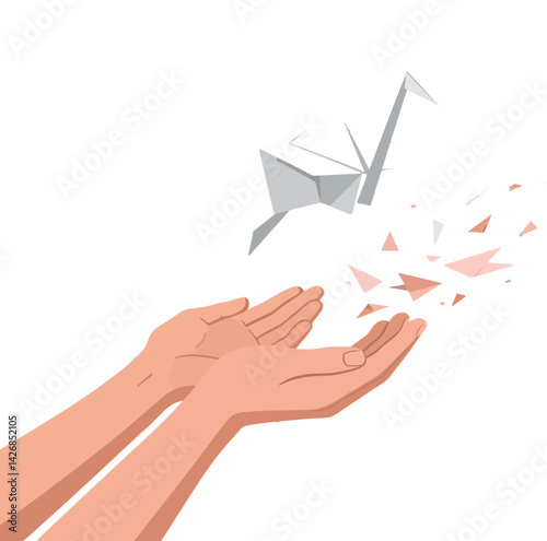Hands releasing paper bird origami symbolizing freedom and hope in minimal style vector illustration 