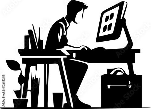 A series of black and white drawings of people working at a desk