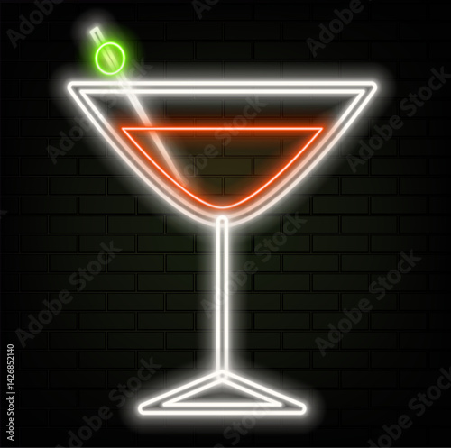 cocktail glasses thin line illustration. neon style. refreshing cocktails with ice cubes and lemons. Party at the club. Created for menu designs. Set of alcoholic drinks like Mojito or Martini