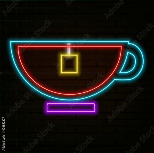 coffee with continuous line. neon style. Black coffee, cappuccino, espresso, latte, macchiatto, mocha, cocoa top view.