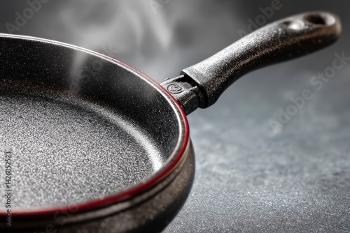 Steaming Granite Frying Pan: Red Accents, Modern Kitchenware