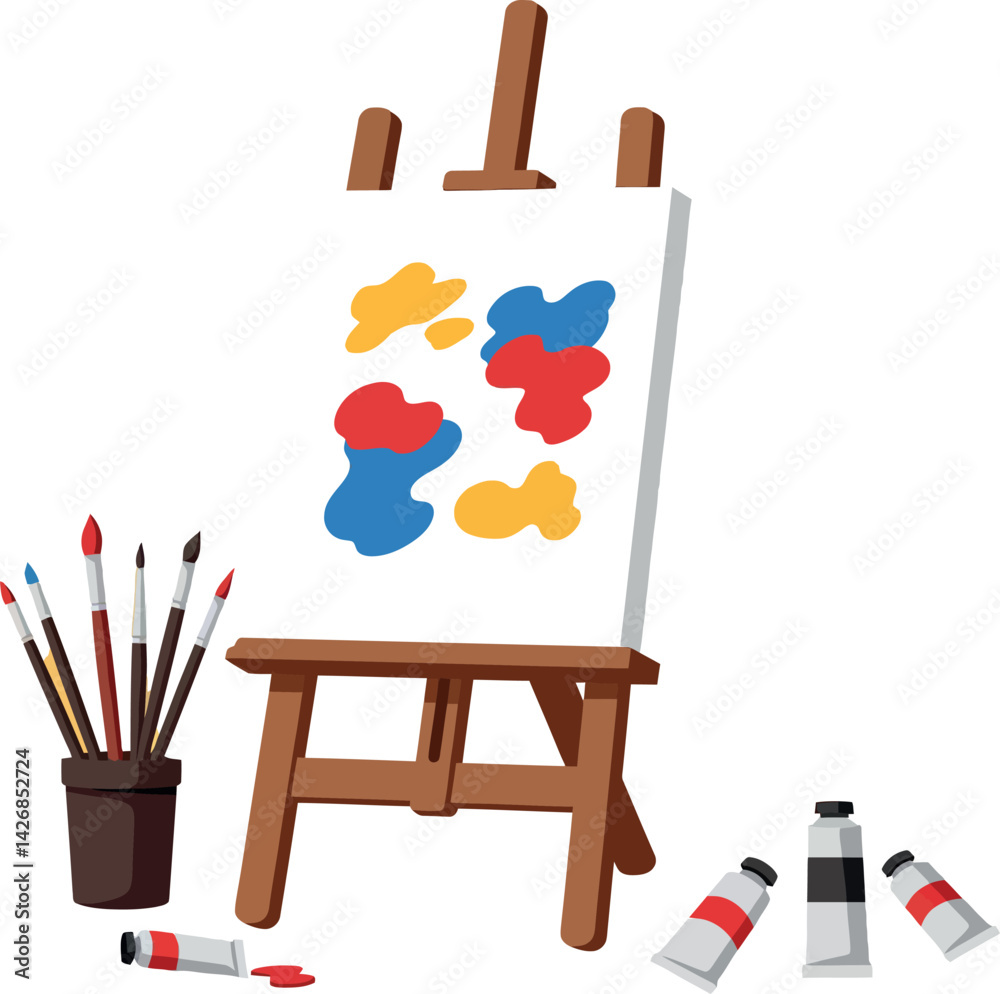 Artist easel with colorful paint strokes and brushes vector illustration for creative art supplies design 
