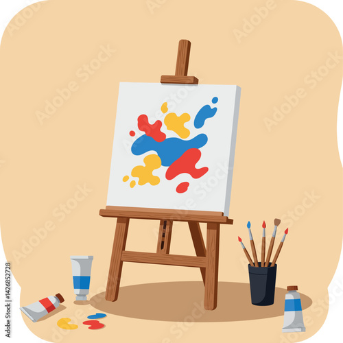 Abstract Colorful Paint Splashes on Canvas with Easel and Brushes Vector Illustration 
