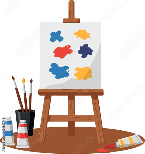 Artist easel with paint tubes and brushes for creative painting activities vector illustration 