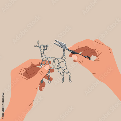 Hands crafting wire dog sculpture with scissors detailed illustration vector 