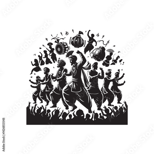 Black Color Bhangra Silhouette Vector Illustration, Solid White Background
