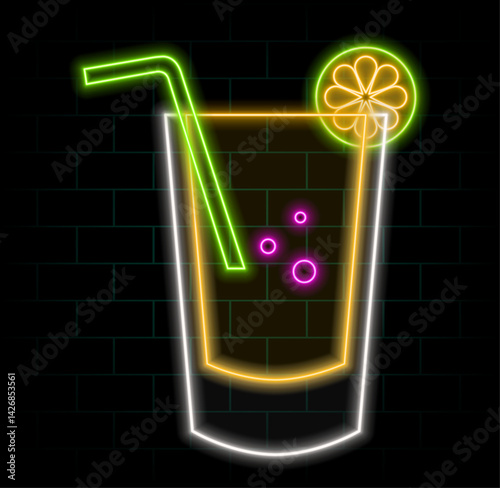 neon style.Set of summer cocktail icons. neon style. symbols of alcoholic beverages and alcoholic beverages.Set of tropical cocktails. Martini cocktail, beer, soda. Beverages and alcohol.