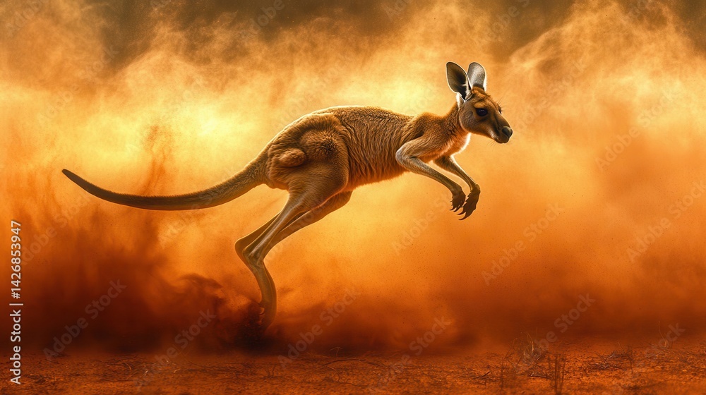 A red kangaroo leaps energetically through a swirling cloud of red dust, creating a dramatic contrast with the vivid, dusty landscape. A red kangaroo leaps energetically through a swirling cloud of red dust, creating a dramatic contrast with the vivid, dusty landscape.