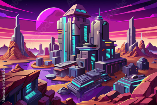 Futuristic Modern City Landscape with neon lights and towers and buildings, city with unusual fantastic multistorey buildings. Cartoon vector landscape of future cyber high technology downtown
