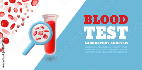 Blood tube testing magnifying glass laboratory analysis, vector render 3D banner design, medical diagnostic healthcare