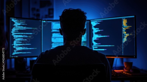 Man Working on Code on Multiple Computer Screens