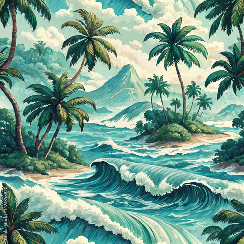 Seamless tropical landscape background, vibrant greens and blues, palm trees and ocean waves, lively and refreshing vibe reflecting Oceanian heritage  