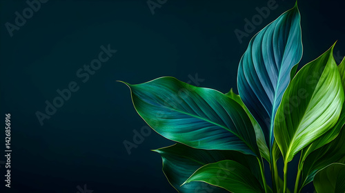 Close Up View Of Vibrant Green And Teal Leaves Against Dark Background