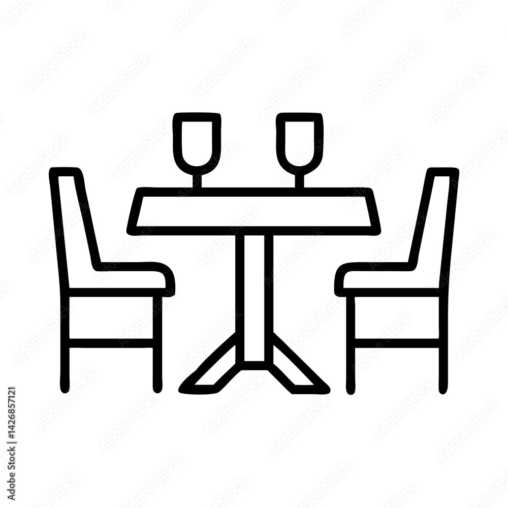 Illustration of dining table with chairs and wine glasses for restaurant furniture and decor design Illustration of dining table with chairs and wine glasses for restaurant furniture and decor design