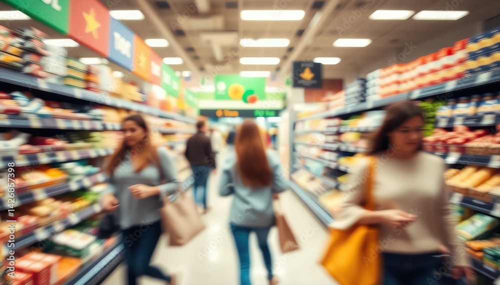 People shopping in a grocery store, navigating through aisles filled with fresh produce and packaged goods. People shopping in a grocery store, navigating through aisles filled with fresh produce and packaged goods.