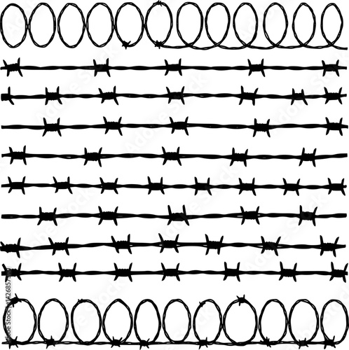 Barbed wire collection silhouette vector. Barbed wire metallic border elements, barb wire set, barb wire icon. Barbed wire fence on the border silhouette illustration
