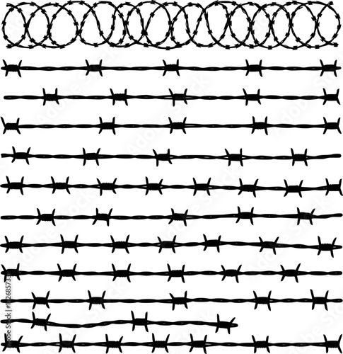 Barbed wire collection silhouette vector. Barbed wire metallic border elements, barb wire set, barb wire icon. Barbed wire fence on the border silhouette illustration