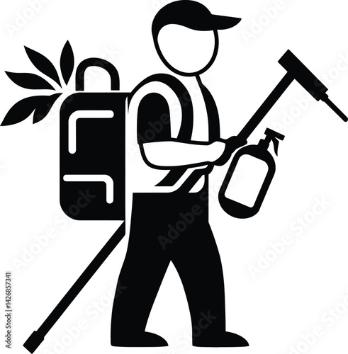 Gardener Carrying Backpack and Sprayer | Landscaping and Plant Maintenance Equipment | Professional Vector Illustration