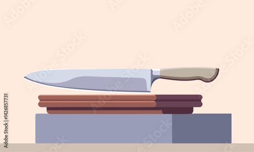 Kitchen knife and cutter with chopping board, top view knife on chopping board shining sharp cutter with wood handle knife.knife with a wooden handle ideal for culinary,cooking,cutting vagetables.