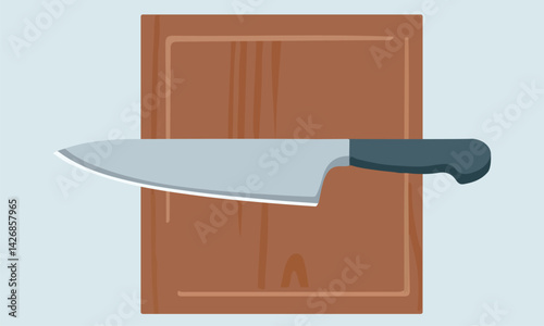 Kitchen knife and cutter with chopping board, top view knife on chopping board shining sharp cutter with wood handle knife.knife with a wooden handle ideal for culinary,cooking,cutting vagetables.