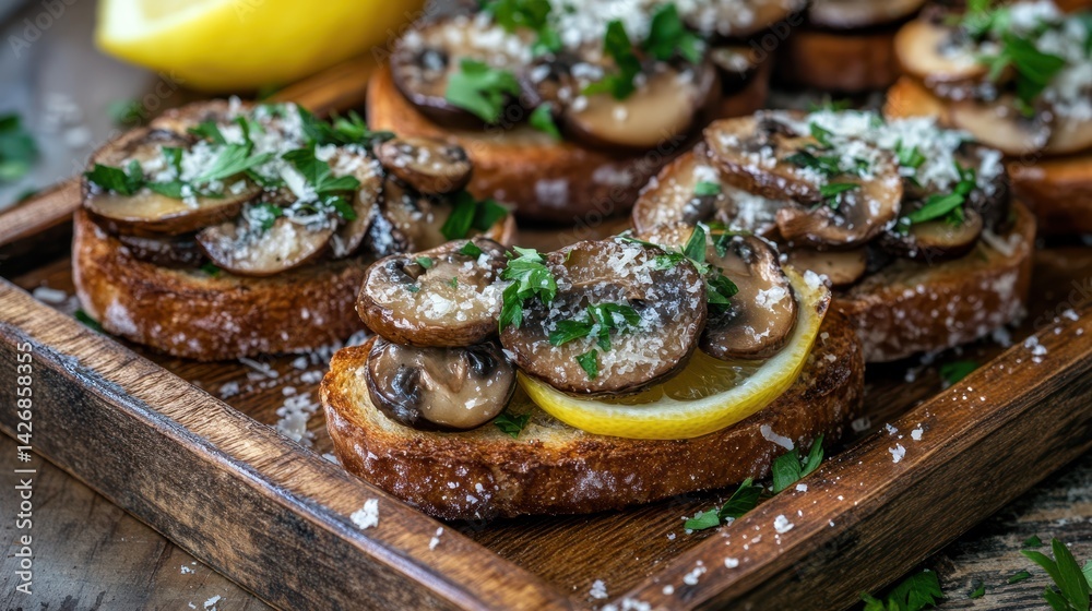 A savory mushroom toast topped with fresh parsley, zesty lemon, and grated parmesan cheese, elegantly presented on a rustic wooden tray.