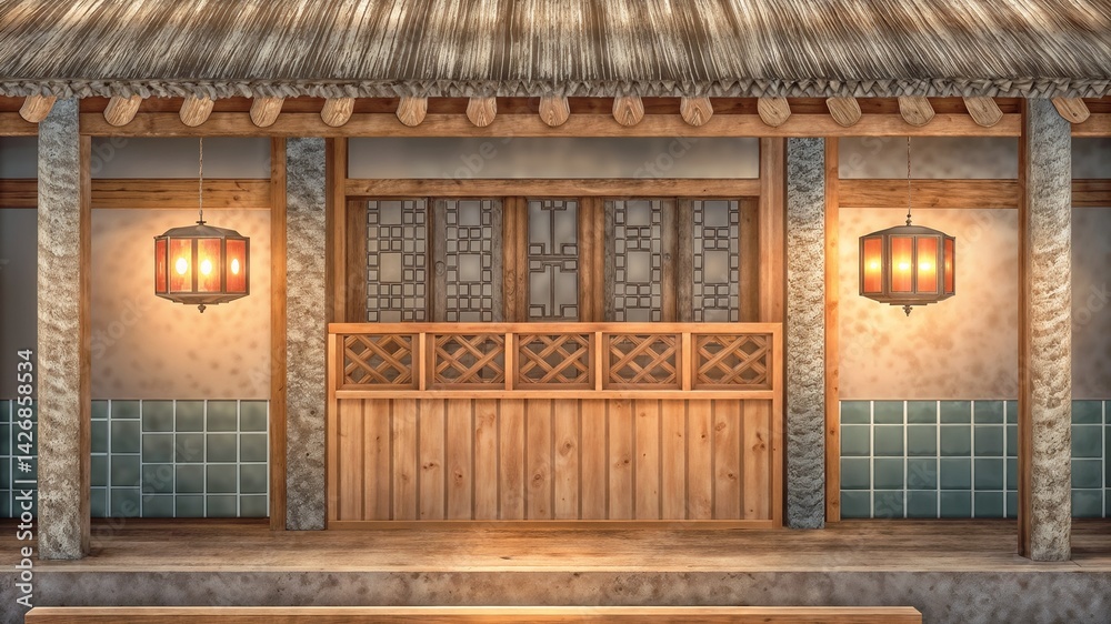Traditional wooden house with lanterns in rustic style
