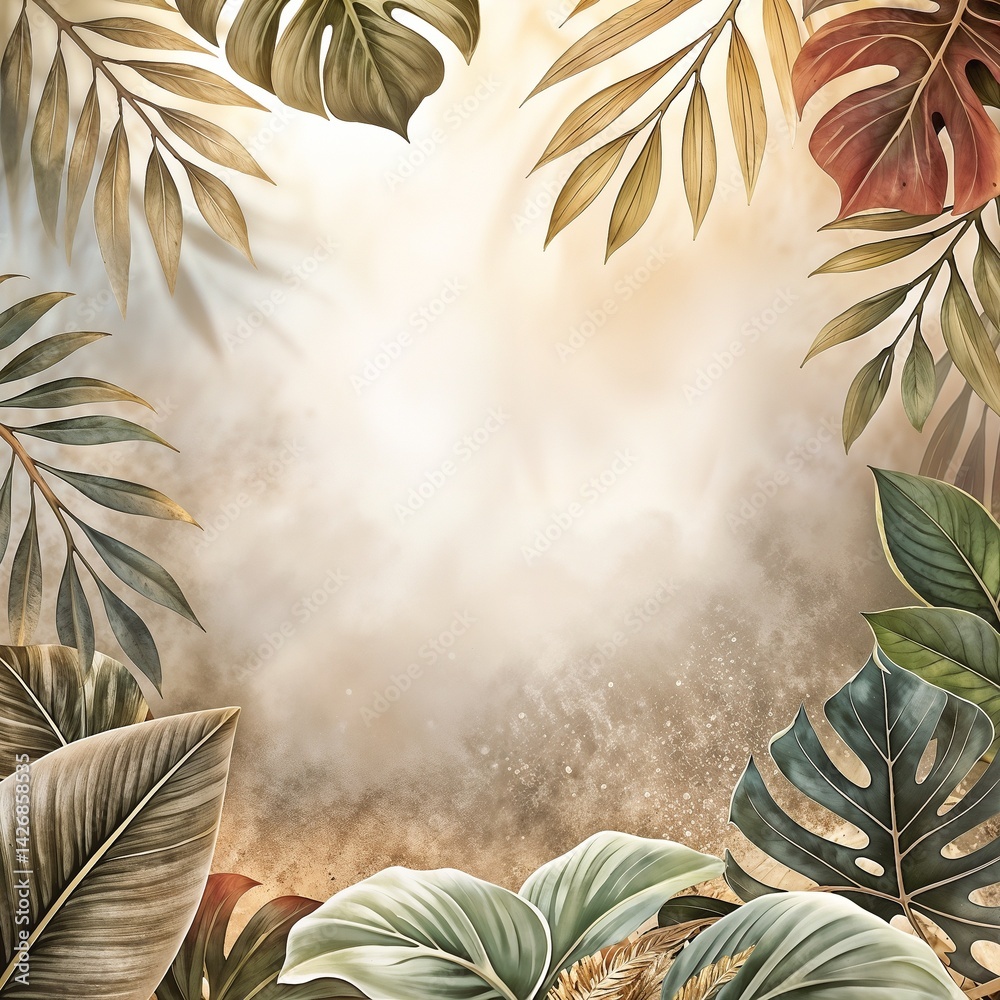 Tropical foliage background with watercolor leaves