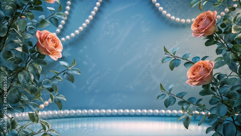 Elegant roses and pearls on a blue background for decoration