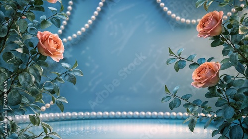 Obraz na płótnie Elegant roses and pearls on a blue background for decoration w salonie