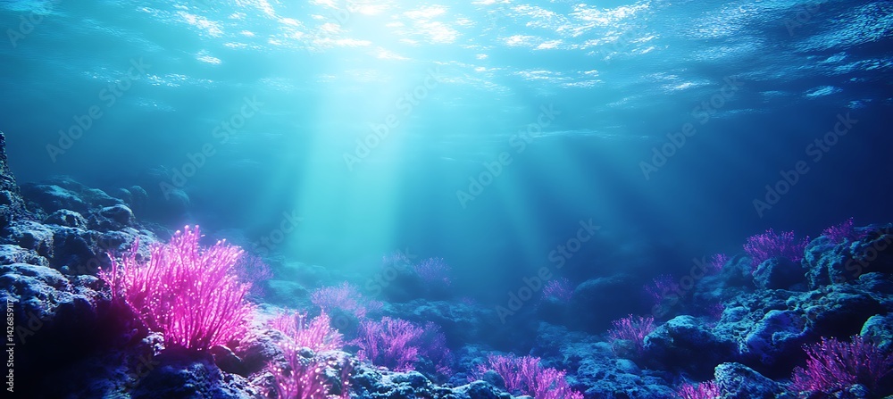 Naklejka premium A futuristic holographic coral reef glowing beneath a neon-infused sea