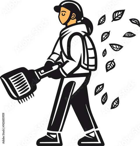 Worker Using Leaf Blower | Lawn Maintenance Equipment for Clearing Leaves and Debris | Professional Landscaping Vector Illustration