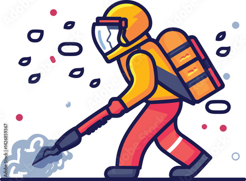 "Protective Worker with Backpack and Tool Emitting Smoke | Safety Gear, Hazard Handling | Vector Illustration