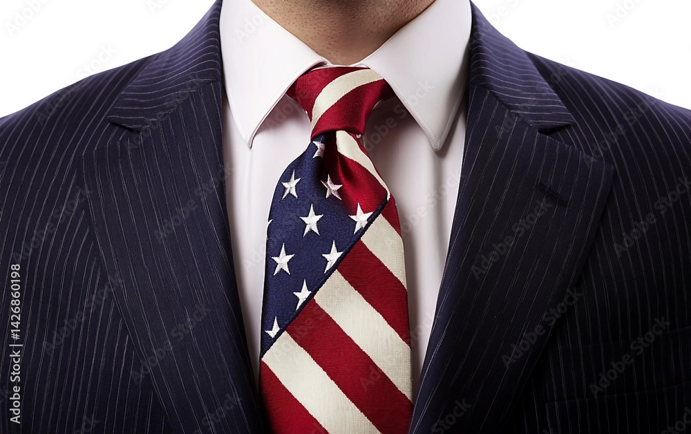 Close up of a flag-themed necktie on a formal suit, subtly displaying patriotic pride and professionalism in a refined and elegant manner isolated on white background PNG Close up of a flag-themed necktie on a formal suit, subtly displaying patriotic pride and professionalism in a refined and elegant manner isolated on white background PNG