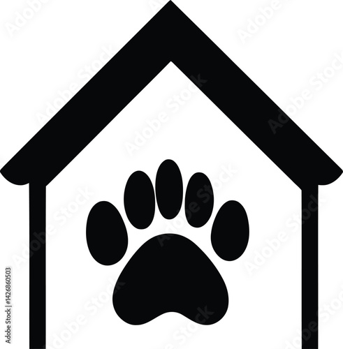 Vector Illustration of a Black Silhouette House with Paw Print Inside, Symbolizing Pet Shelter or Animal Care