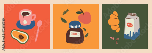 Abstract hand drawn food posters. Healthy breakfast. Trendy art prints with various tasty food and drinks. Flat design for wall decor, restaurant menu. Vector illustration.
