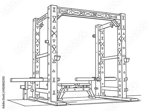 Power Rack line art bodybuilding powerlifting gym setup illustration