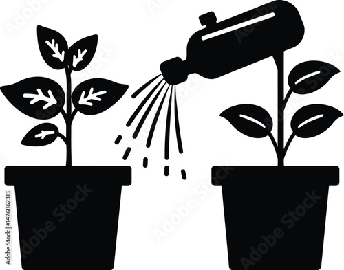 Vector Illustration of a Potted Plant Being Watered for Growth and Care