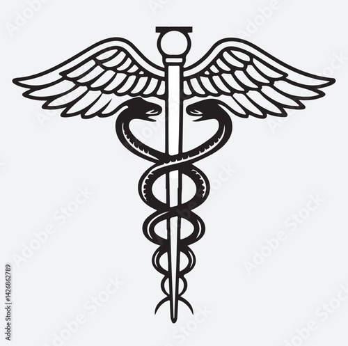 a stuff with 2 snakes silhouette vector art illustration, caduceus medical symbol on white background