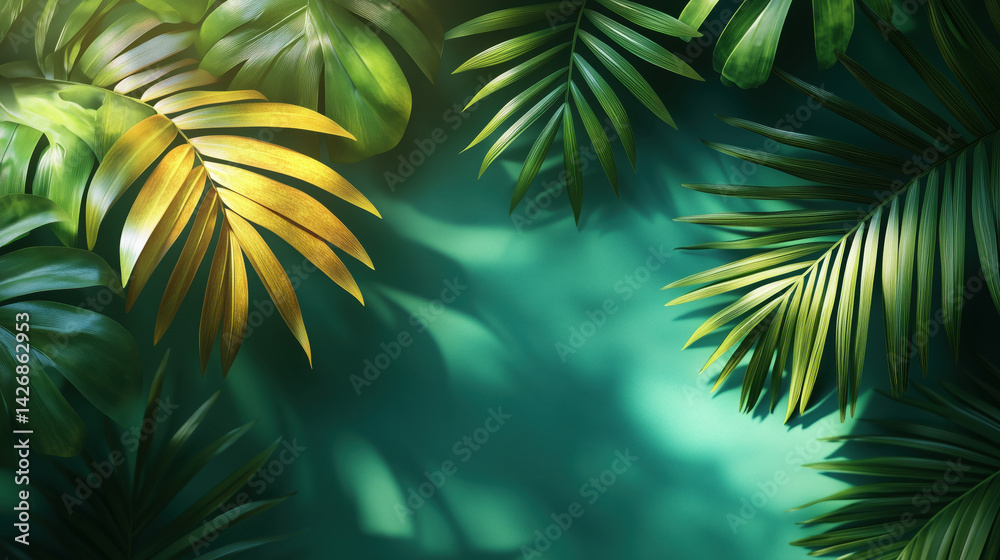 Palm leaf on a green surface with shadow. Stylish background for presentation.