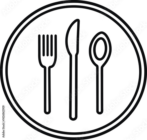 Vector Illustration of a Black and White Outline of a Plate with Fork, Knife, and Spoon Inside