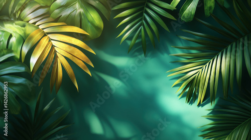 Obraz na płótnie Palm leaf on a green surface with shadow. Stylish background for presentation.
w salonie