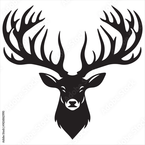 Deer Head Silhouette Vector Illustration with Antlers and Horns