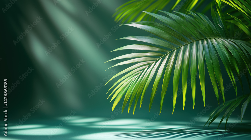 Palm leaf on a green surface with shadow. Stylish background for presentation.