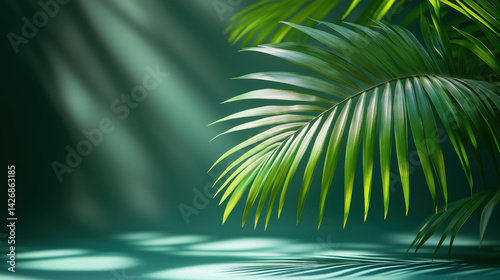 Obraz na płótnie Palm leaf on a green surface with shadow. Stylish background for presentation.
w salonie